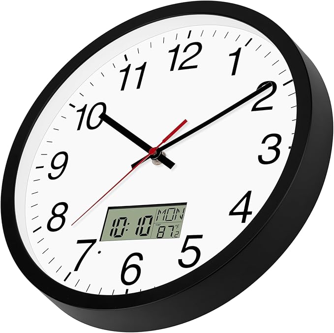Digital Wall Clock with Lighted LCD Display Temp, Week, Switchable Time and Perpetual Calendar, DST Function, Silent Battery Operated Analog Clock for Office Bedroom Classroom (12", Black)