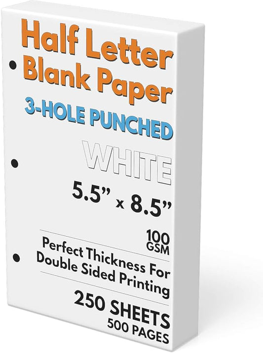 Half Letter Blank Paper, 3-Hole Punched, 250 Sheets/500 Pages, 100 GSM, Printer Paper Binder Refill, 5.5 in. x 8.5 in.