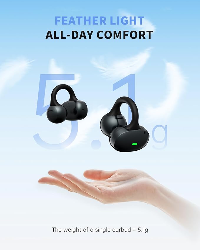 Open Ear Earbuds, Clip-On Earbuds Wireless Bluetooth, Ear Clip Bluetooth Headphones, Lightweight Comfort, Ergonomic Secure Fit for Small Ears, Ultra Open Audio, Waterproof, 40H Playtime