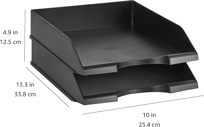 Amazon Basics Rectangular, Stackable Office Letter Organizer Desk Tray, Black, Pack of 2