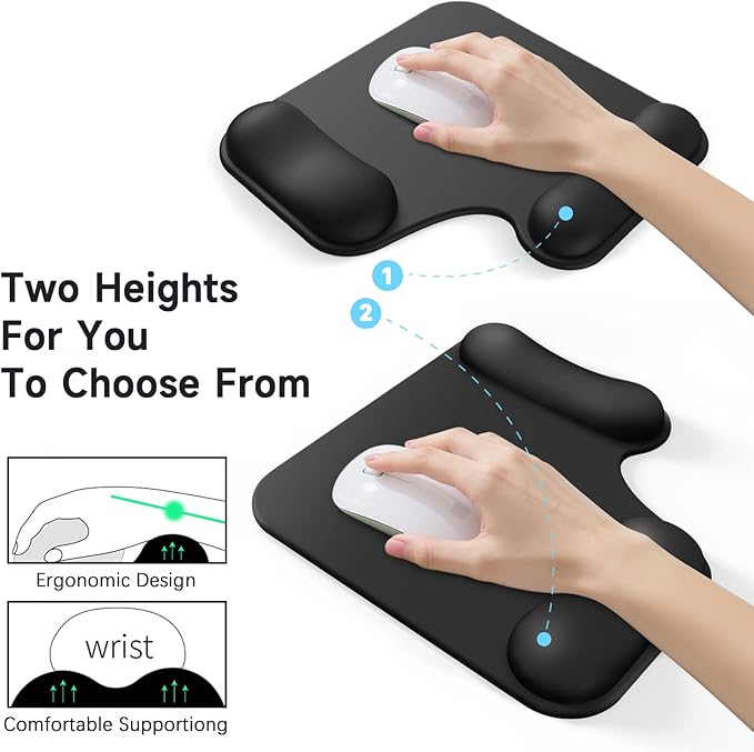Ergonomic Mouse Pad with Gel Wrist Rest (1"& 1.2" Dual Height) - Black Mouse Pads Compact Mousepad Desk Mat Office, Gaming & Carpal Tunnel Relief | Non-Slip Rubber Base
