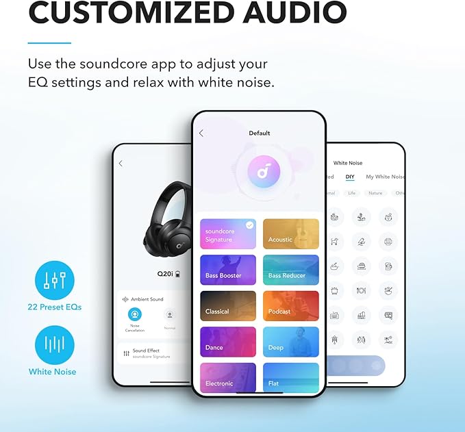 Soundcore by Anker Q20i Hybrid Active Noise Cancelling Headphones, Wireless Over-Ear Bluetooth, 40H Long ANC Playtime, Hi-Res Audio, Big Bass, Customize via an App, Transparency Mode