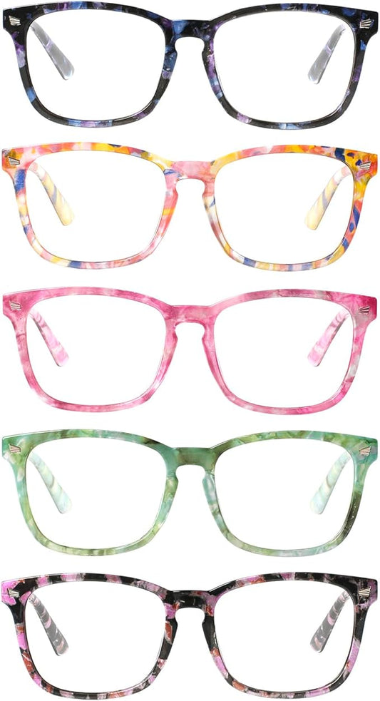 Henotin 5-Pack Blue Light Blocking Reading Glasses Women Men,Spring Hinge Computer Readers,Anti UV Ray Square Nerd Eyeglasses (Mixed Color-D, 2.50)
