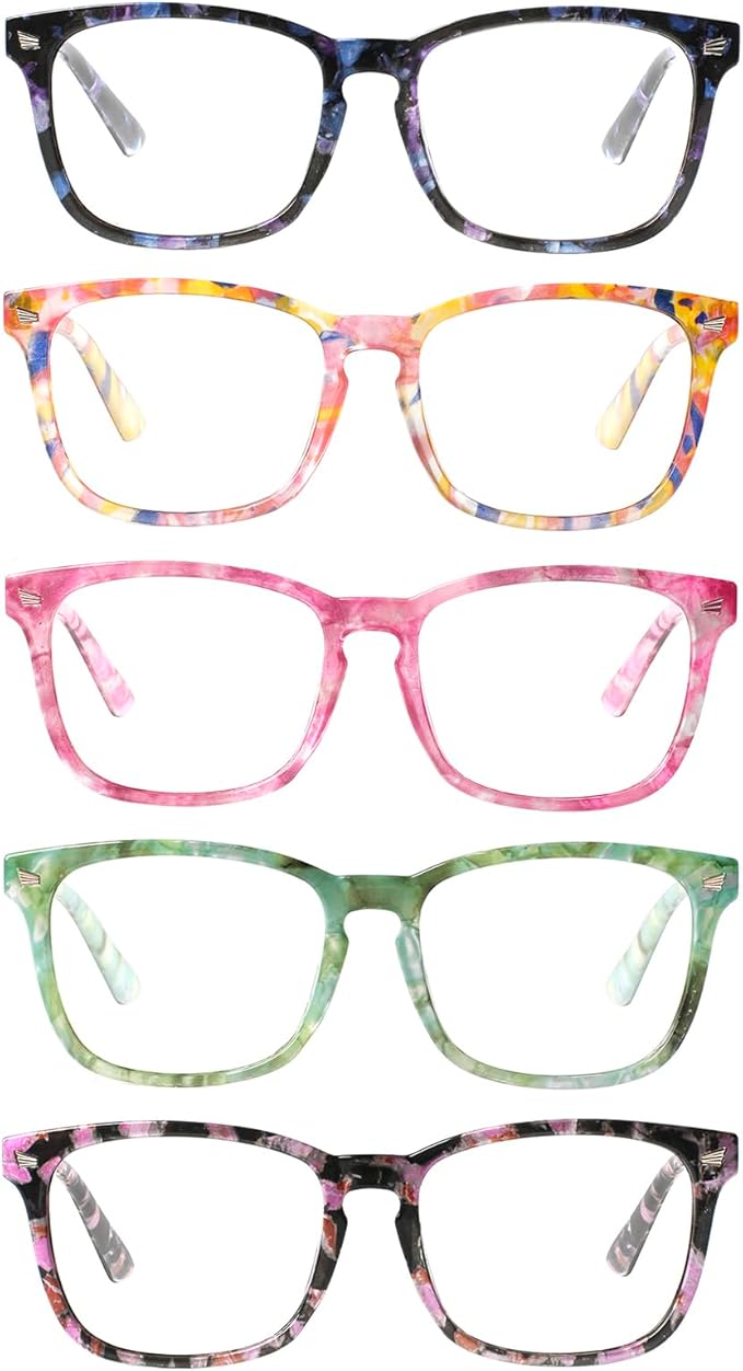 Henotin 5-Pack Blue Light Blocking Reading Glasses Women Men,Spring Hinge Computer Readers,Anti UV Ray Square Nerd Eyeglasses (Mixed Color-D, 1.50)