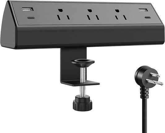 Desk Clamp Power Strip,40W Fast Charging Station,Desktop Mount Surge Protector,2 PD 20W USB C Ports,3 Outlets for Home,Office,Fit 1.9" Tabletop Edge (Black, 3 Outlets & 4 USB Ports & 15 FT Cable)