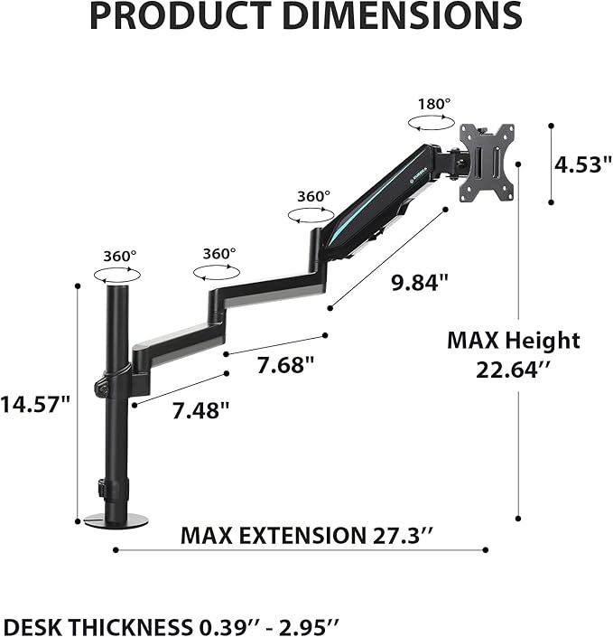 EUREKA ERGONOMIC Single Monitor Desk Mount, Adjustable Gas Spring Monitor Arm for LCD PC Screen 13-32 inch, Max 17.6 LBS, Computer Monitor Stand W C Clamp & Grommet Base, VESA 75x75mm,100x100mm, Black