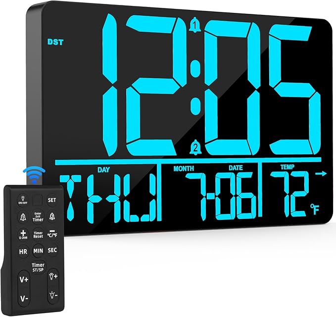 13" Digital Wall Clock Large Display with Remote, 25 Ringtones, Temperature, Calendar, 0-100% Auto or Custom Brightness, 12/24H, DST, Timer, for Living Room, Kitchen, Bedroom, Elderly（Blue）