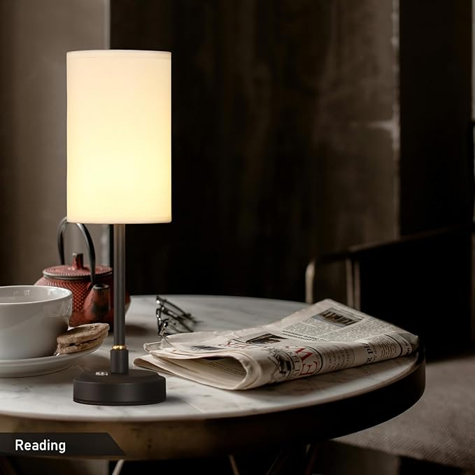 Set of 2 Small Touch Nightstand Lamp Rechargeable Battery Operated Cordless LED Table Lamp, Portable 3 Colors Stepless Dimmable Fabric Desk Light for Restaurant/Bedroom/Outdoor (White+Black)