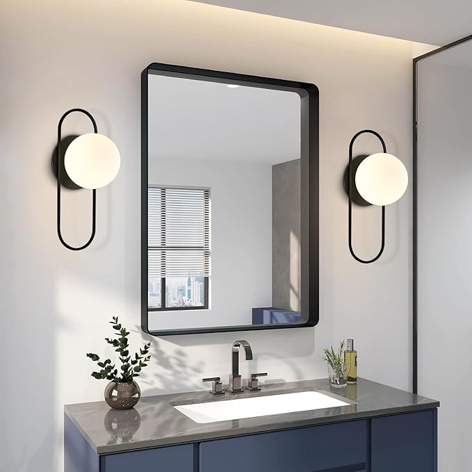 Mid Century Modern Round Wall Sconce 1-Lights Black Globe Wall Sconce Lighting Minimalist Vanity White Glass Bathroom Wall Lamp Farmhouse Bedroom Bar Wall Light