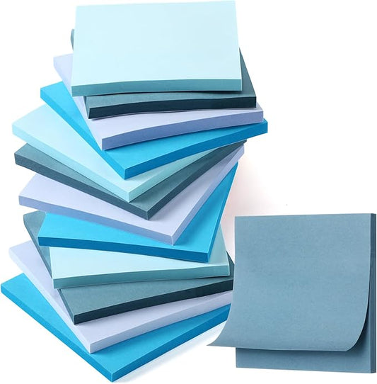 Thenshop 12 Pads Blue Sticky Notes 3''x3'', Self Stick Notes Pads Blue Office Supplies, Vintage Aesthetic School Accessories 50 Sheets/pad