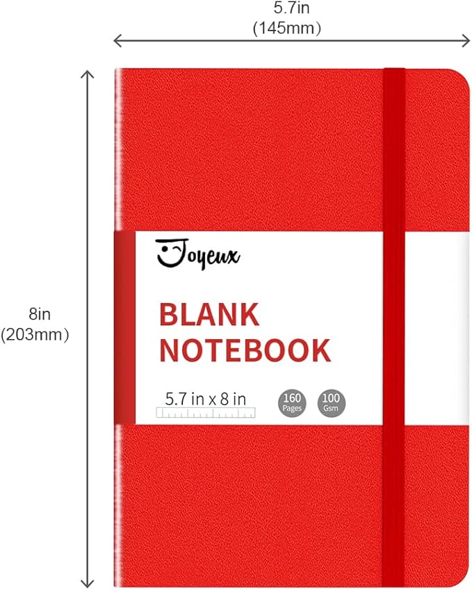 JOYEUX Blank Journal Notebook, A5, 160 Pages 100 Gsm Thick Sketch Books Hardcover Journal for Writing, 5.7 inches x 8 inches Notebooks for Work (Red)