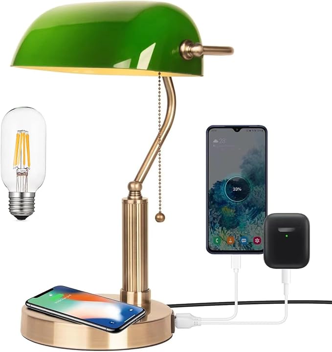 FIRVRE Glass Bankers Desk Lamp with Wireless Charger, 2 USB Charging Port, Vintage Desk Lamp with Pull Chain Switch, Retro Table Lamps for Home Office, Piano, Library (Bulb Included)