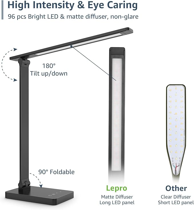 Lepro LED Desk Lamp for Home Office, 9.5W 750LM Metal Touch Control Desk Light, 5 Color Modes 5 Brightness Level, Eye Caring Task Lamp For Reading, Sewing, Crafts, School Supplies, Puzzle Light, Black