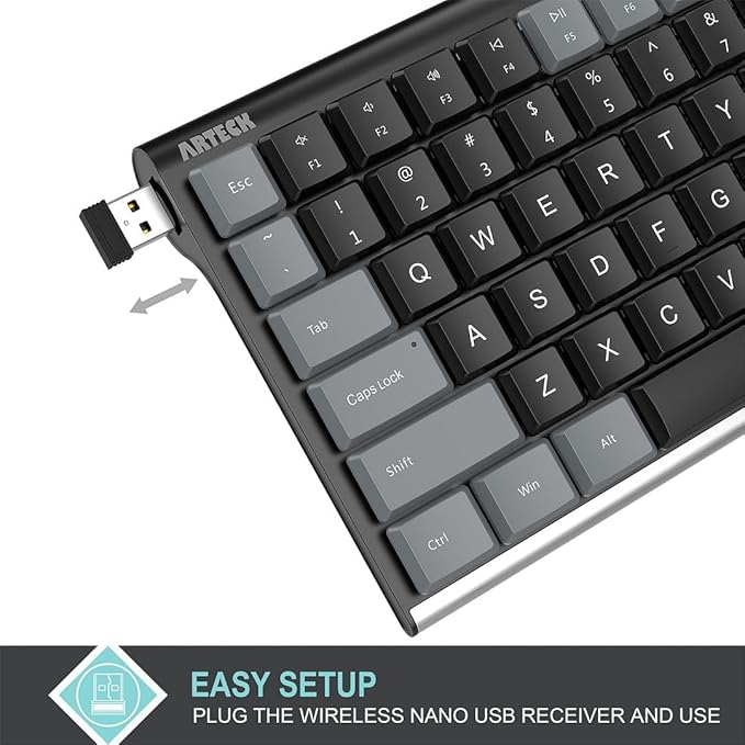 Arteck Mechanical 2.4G USB Wireless Performance Keyboard, Tacktile Quiet Brown Switches, Stainless Steel Low Profile for PC/Desktop/Laptop/TV and Windows 11/10 Built in Rechargeable Battery Gray