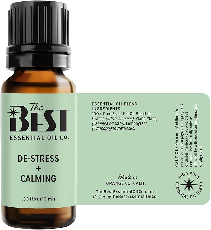 The Best De-Stress + Calming Essential Oil Blend- Premium Grade- 100% Pure & Natural for Aromatherapy, Diffuser, Spa, Massage, Air Freshener- 10 ml (.33 fl oz)