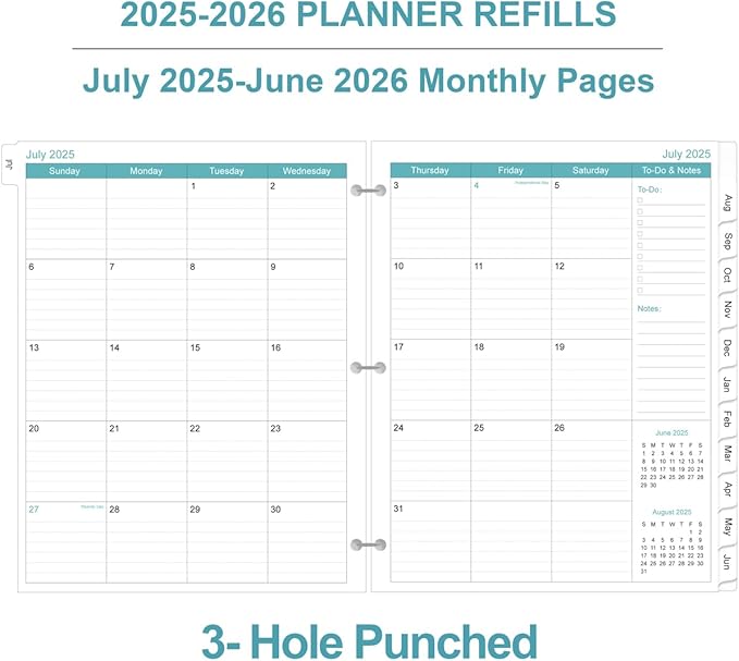 2025-2026 Planner Refill - One Page Per Day, 3-Hole Daily ＆ Monthly Planner Refills, July 2025-June 2026, Prioritized, To-Do List, Notes, Appointment Schedule, Folio Size, 8.5" x 11"
