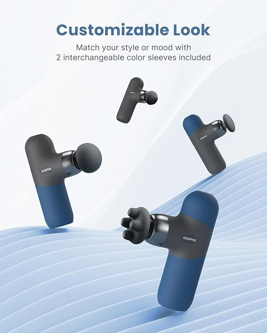 RENPHO Mini Thermal Massage Gun with Heat, Portable Deep Tissue Percussion Massager, Color Silicone Sleeves Travel Size with Carry Case, Aegean Blue