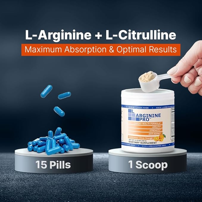 L-ARGININE PRO | 5,500mg L-Arginine Plus L-Citrulline 1,100mg Orange Powder Drink Mix Supplement for Increased Nitric Oxide Production