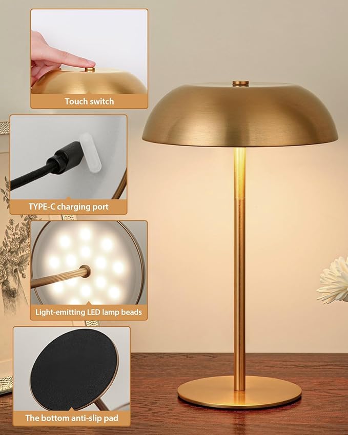 Gold Cordless Table Lamp – Rechargeable Touch Lamp with 3-Color Dimming & Adjustable Height，Battery Powered lamp for Bedside, Bar, Desk, Outdoor Patio,Restaurant，Modern Luxury Decor