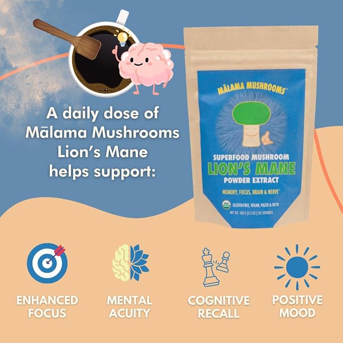 Lion's Mane Extract Powder by Malama, Organic Fruiting Body Lions Mane Mushroom Powder, Superfood Adaptogenic, Supports Memory, Focus, Brain, & Nerves