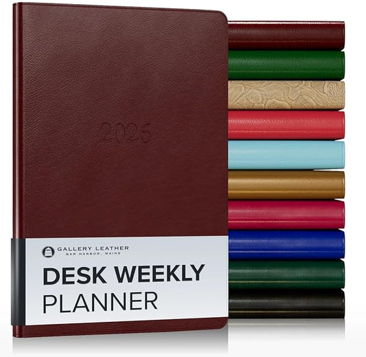 Gallery Leather Desk Weekly Monthly Planner 2025-2026, Elegantly Bound Calendar Planner and Notebook with Stylish Gold-Gilded Page Edges, 12 Months - Tremont Garnet - 8 x 5.5 "