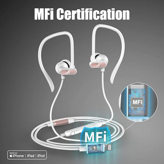 Lightning Earbuds with Ear-Hook Sports Earphones for iPhone 14/13/12/11 Pro Max/X/XS Max/XR - MFi Certified with Mic - Rose Gold