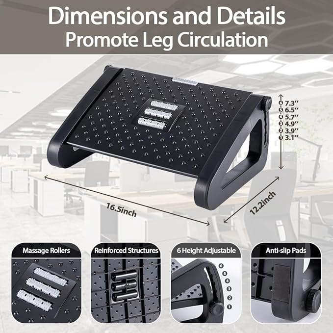 Foot Rest, Six Heights Adjustable Foot Rest for Under Desk at Work, Ergonomic Foots Stool for Under Office Desks, Under Desk Footrest with Foot Massage Roller, Chair Footrest for Leg Rests