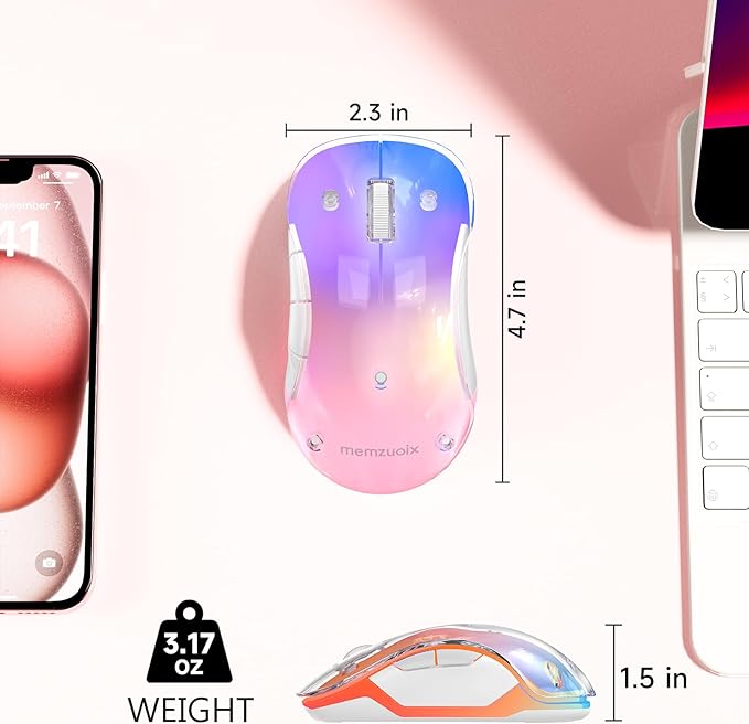memzuoix 2.4G Wireless Mouse with Customizable Cover & 9-Color LED - Rechargeable Ergonomic, 1200 DPI, 5 Buttons, USB Receiver for PC/Mac - Pink