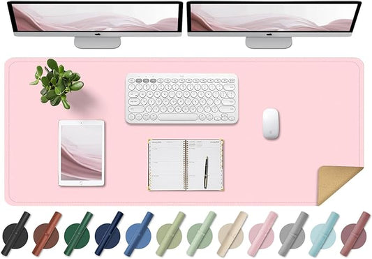 Large Non-Slip PU Leather Office Mat for Home & Office, 55'' x 17'' - Laptop Desk Blotter Pad for Mouse and Keyboard, Pink
