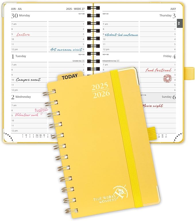 POPRUN Pocket Planner 2025-2026 (Spiral Hardcover - 4''x 6.25''), Daily Weekly and Monthly (July 2025 - June 2026) with Hourly Time Slots, for Purse, 100 GSM - Light Yellow