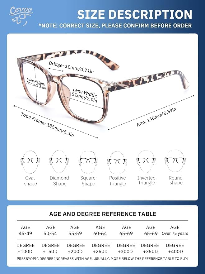 CCVOO Reading Glasses for Women/Men, Eyeglasses, Blue Light Readers for Women/Men, Computer Eye Glasses, Cheaters