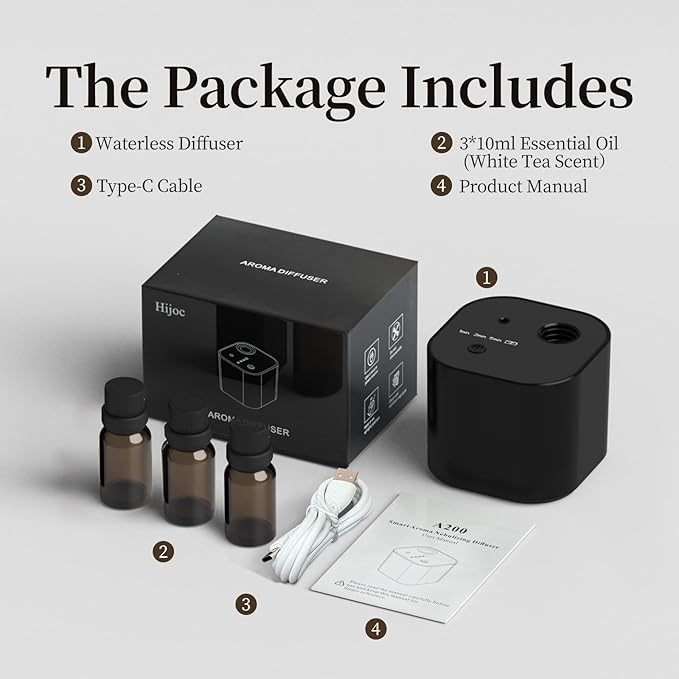 Scent Diffuser,Waterless Essential Oil Diffuser,Mini Portable Aroma Diffuser with Battery Operated,3 Mist Modes,Cycle Start,for 400 sq.ft Room,Home,Bedroom,Includes 3x10ml Essential Oils，Black