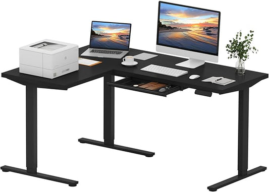 SANODESK L Shaped Electric Standing Desk with Drawer, 63 Inch Ergonomic Adjustable Height Desk with Storage, Corner Desk Sit Stand up Computer Table for Work Office Home, Black
