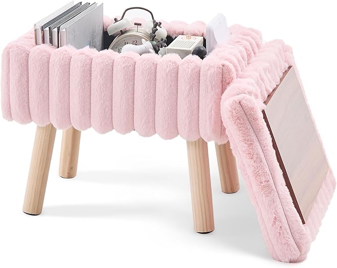 Wimarsbon Storage Ottoman,Soft Faux Fur Footstool with Padded Seat, Small Reading Vanity Chair, Footrest with Wood Tray for Couch, Mini Coffee Table or Display Stand (Pink, Rectangular Storage)