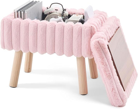 Wimarsbon Storage Ottoman,Soft Faux Fur Footstool with Padded Seat, Small Reading Vanity Chair, Footrest with Wood Tray for Couch, Mini Coffee Table or Display Stand (Pink, Rectangular Storage)