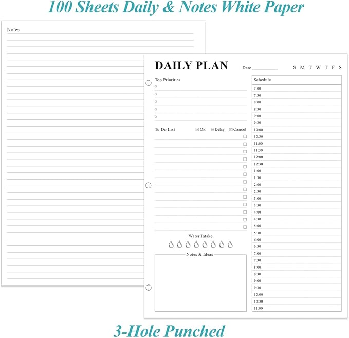 Undated Daily Planner Refill - A4 Planner Inserts, To Do List Refills, 100 Sheets/200 Pages Planner and Lined Refill, 3 Hole Punched, 100 gsm White Paper, 8.5'' x 11''