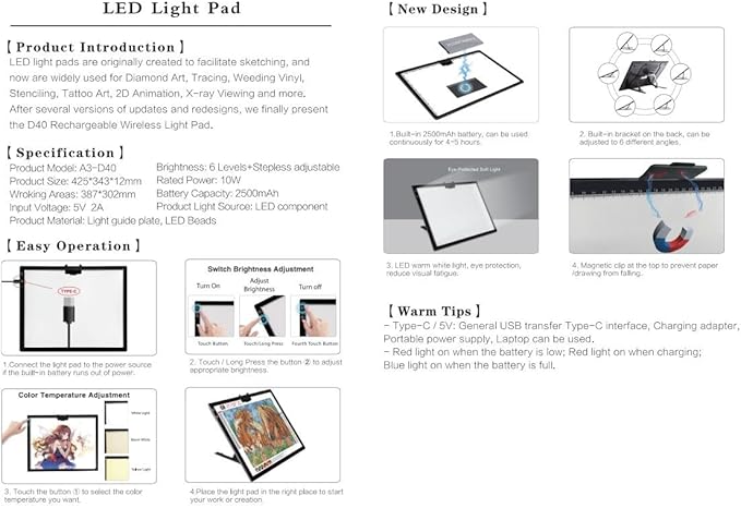 Wireless Rechargeable A3 LED Light Pad w/Built-in Foldable Stand, 3 Color Tone, 6 Levels of Brightness, Battery Powered Evenly Illuminated Light Box for Tracing Drawing and Diamond Painting
