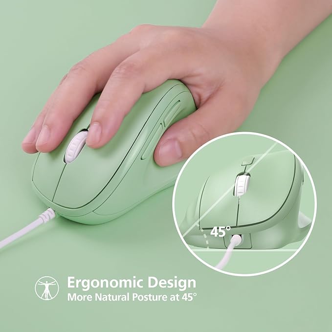 Micropack Ergonomic Mouse Wired for Laptop, PC Computer and Desktop, Ergo Mouse Vertical with Silent Clicks, Up to 3200 DPI Adjustable Mouse Sensitivity, Green