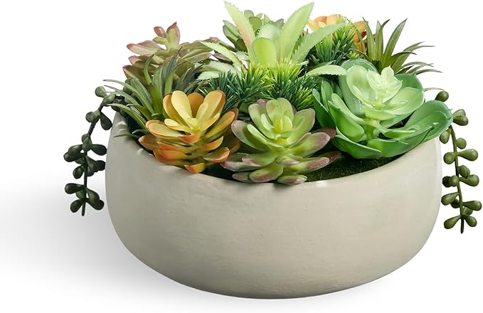 8 Inch Round Artificial Succulent Plants Potted Indoor with Ceramic Pot - Fake Low Maintenance Plants for Bedroom, Bathroom, Coffee Table Decor - Home Office Desk & Room Aesthetics