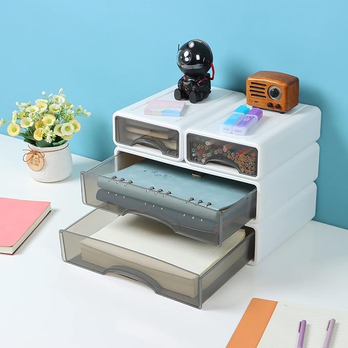 White Desktop Drawers for Paper, Stackable Office Storage Drawers for Desk, Craft Organizer and Storage Bins, 4 Mixed Storage Container with Plastic Drawers for Office Supplies Desk accessories