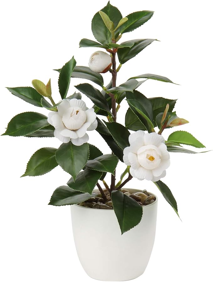 Briful Artificial Plants Mini Camellia Potted Fake Plants Small Faux Plastic Plants Desk Plant Artificial Flowers with Vase for Home Office Desk Kitchen Garden Indoor Decor