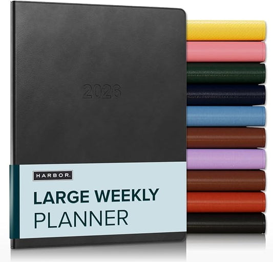 Harbor Large Weekly Monthly Planner 2025-2026 - Calendar Planner and Notebook, Durable Faux Leather, 192 Pages, Softcover & Book Bound - Cambridge Black - 9.75 x 7.5 "