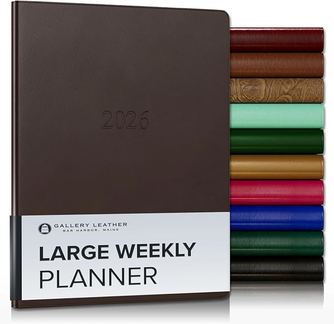 Gallery Leather Large Weekly Monthly Planner 2025-2026, Elegantly Bound Calendar Planner and Notebook with Stylish Gold-Gilded Page Edges, 12 Months - Freeport Mocha - 9.75 x 7.5 "