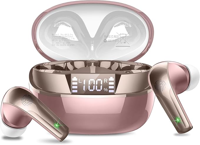 Wireless Earbuds, Bluetooth 5.4 Headphones in Ear, Mini Bluetooth Earbuds HiFi Stereo Deep Bass with 4 ENC Noise Cancelling Mic, Wireless Ear Buds 47H Long Playtime LED IP7 Waterproof USB-C(Rose Gold)