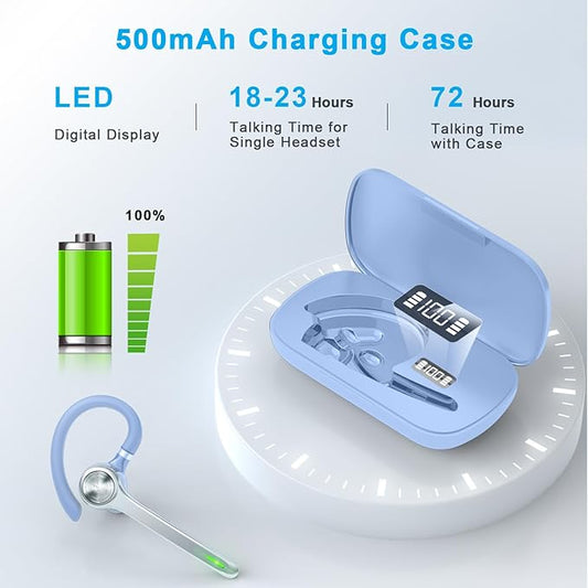 Bluetooth Headset, Wireless Bluetooth Earpiece with 500mAh Charging Case 72 Hours Talking Time Built-in Microphone for iOS Android Cell Phone, V5.1Hand-Free Headphones for Trucker-SkyBlue