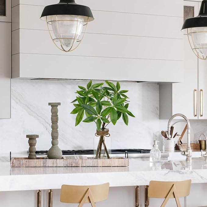 Faux Greenery Stems in Vase Aritificial Money Tree Plant in Glass Vase with Faux Water & Stones 14.2" Small Potted Plants Arrangement Centerpieces for Farmhouse Kitchen Dinner Tables Greenery Decor