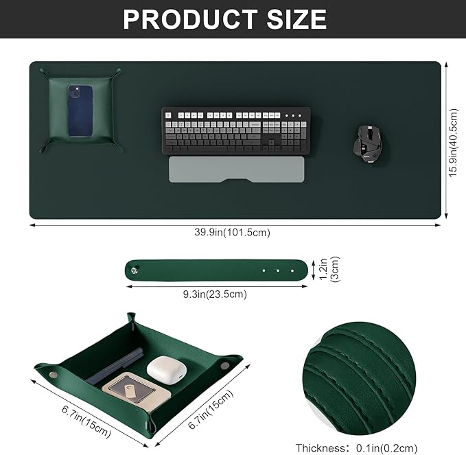 DAWNTREES Dark Green Desk Mat,Leather Desk Pad,40"x16",Cork Desk Mat Protector,with PU Leather Valet Tray Organizer,Large Mouse Pad,Desk Writing Pad for Office and Home