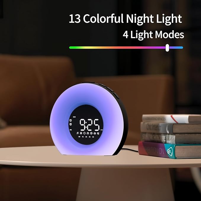 Wake Up Light Sunrise Alarm Clock with Sunrise Sunset Simulation 23 Nature Sleep Sounds 13 Colors Night Light Dual Alarms Snooze Function Sleep Aid for Heavy Sleepers Kids Adults (Black)