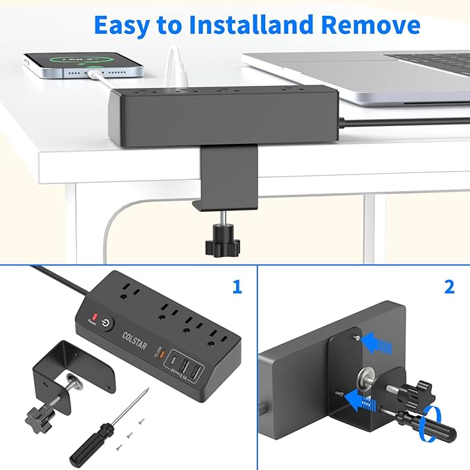 Desk Clamp Power Strip with PD 20W Fast Charging, Flat Plug Extension Cord 10 FT, Desk Mount Power Strip Surge Protector with 4 AC Outlet 4 USB Ports, Fit 1.8" Tabletop Edge (Black)