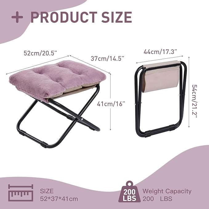 LITA Folding Footrest Stool, Portable Ottoman Foot Rest, Upholstered Small Foldable Ottoman Stool with Detachable Thick Cotton Cushion Padded Sofa Stool for Living Room, Bedroom, Plush Purple